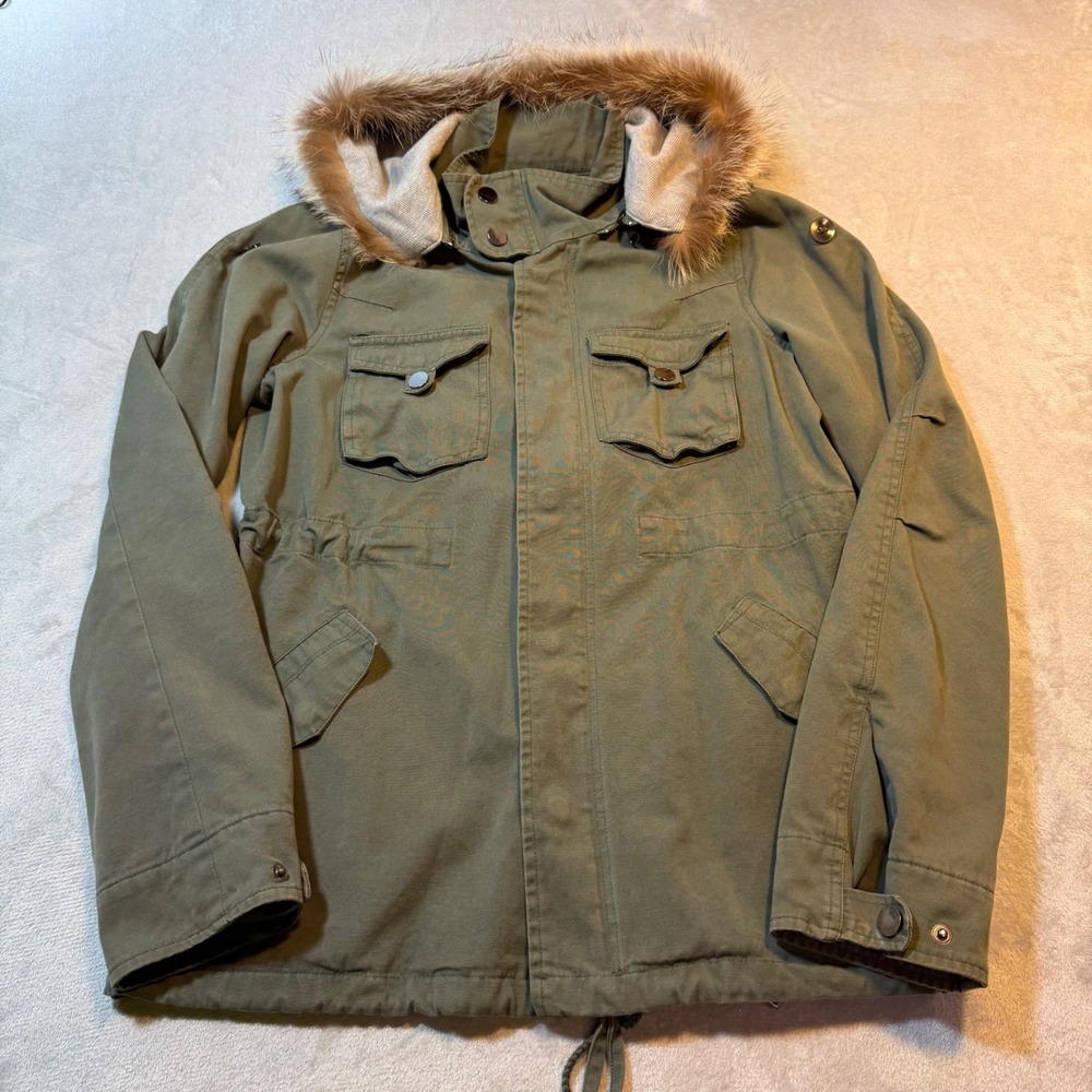 Olive Green Utility Field Jacket shell Fur Trim‎ Hooded Cargo Coat LaROK LUXE Sm